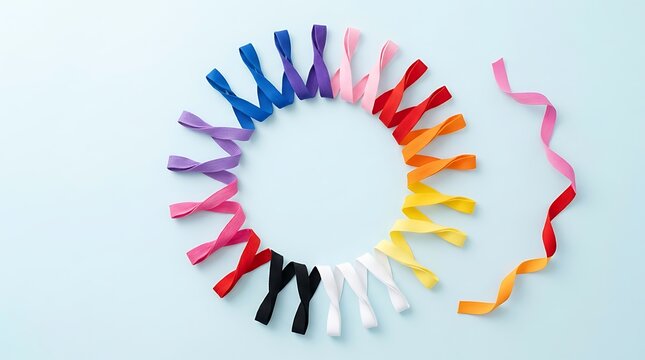 Colorful fabric hair ties arranged in a circular gradient pattern with colorful gradient accessories spectrum arrangement
