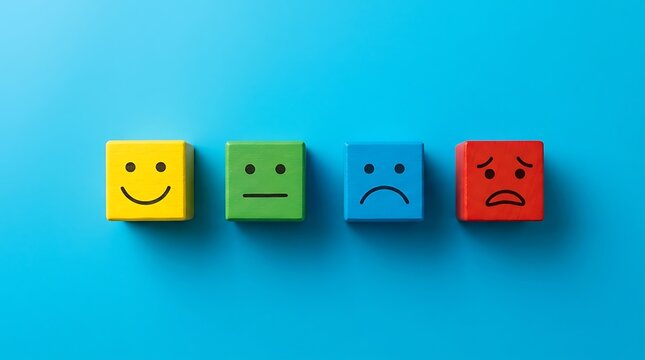 Wooden blocks with various emotional facial expressions on blue background expression psychology communication behavior