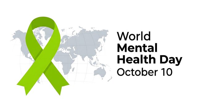 World mental health day banner with green ribbon symbol over world map awareness wellness psychology advocacy