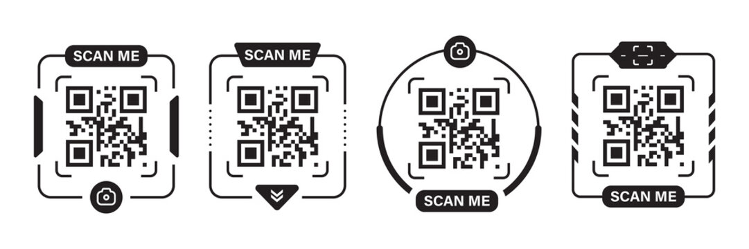 QR Code Frame Collection, Modern Scan Me QR Code Borders, Black and White Minimal Vector Templates for Business, Restaurant, Payment, Social Media and Marketing