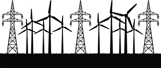 Wind farm silhouette sustainable energy landscape with power lines and turbine blades © Hey Tahera