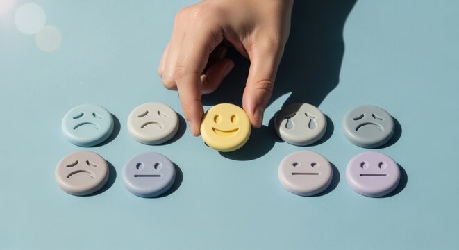 Hand choosing a happy face emoji among sad faces representing positive mindset.