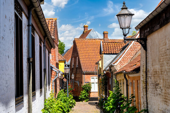 Idyllic historic alley with brick houses, cobblestone pavement, green plants and traditional street lamps on a sunny summer day.