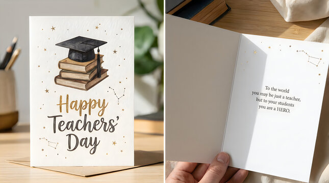 Teachers day card with stack of books and graduation cap appreciation gift for educators