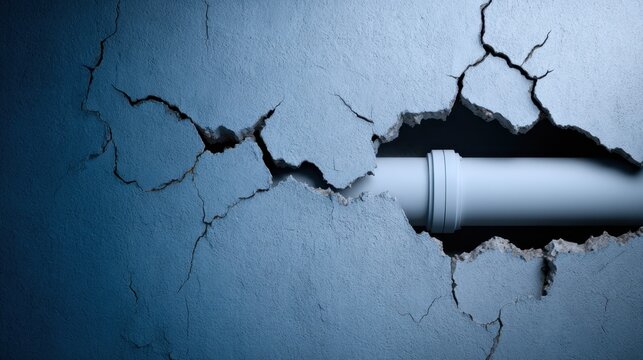 A cracked blue wall with a white pipe emerging from a prominent fissure