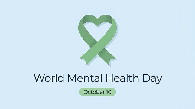 World mental health day banner with green awareness heart ribbon and date label awareness wellness wellbeing psychology