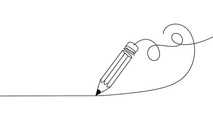 Continuous one line drawing of pencil creating elegant swirling curved line, minimalist single line sketch illustration symbolizing creativity, imagination, art, design, and inspiration concept © VectAmaze