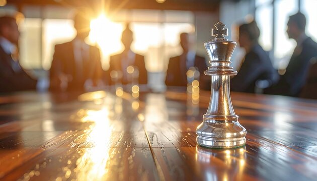 Silver chess king piece standing on table with sunlight shining through business meeting symbolizing leadership, strategy, decision making and power