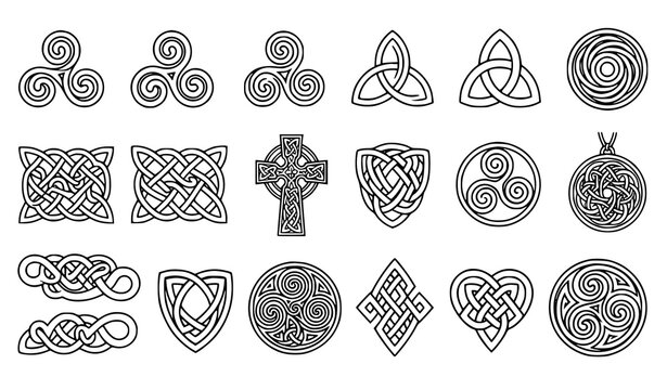 Celtic Knot Symbols Collection with Trinity Cross Spiral and Traditional Ornament Vector Illustration Set