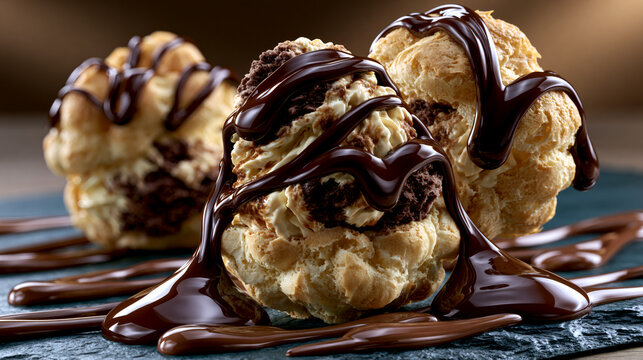 Classic French Profiteroles with Chocolate Sauce and Cream Filling on Elegant Dessert Plate
