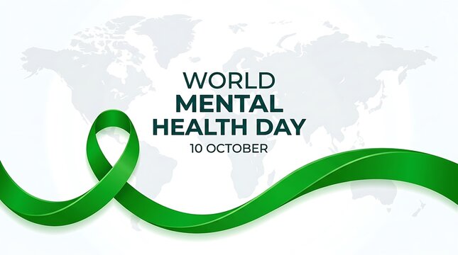 World mental health day banner with green ribbon symbol on abstract world map background awareness wellness psychology
