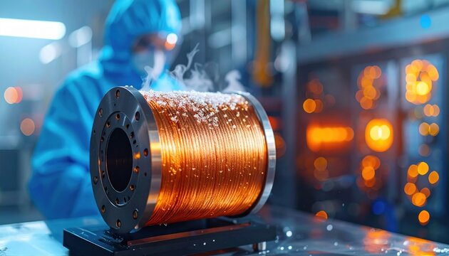 Copper coil covered with frost in a scientific lab symbolizing superconductivity, advanced physics research and the quest for zero resistance energy transfer in futuristic material science