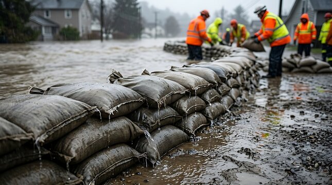 Emergency workers building sandbag levee during flood