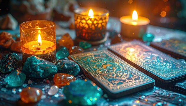 Mystical tarot cards with burning candles and crystals glowing in dim light creating atmosphere of divination meditation and energy healing through magic and esoteric symbolism