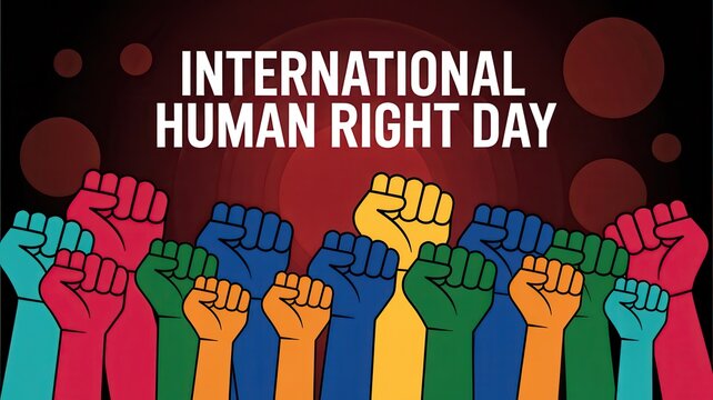 International Human Rights Day banner with diverse raised fists on dark background.