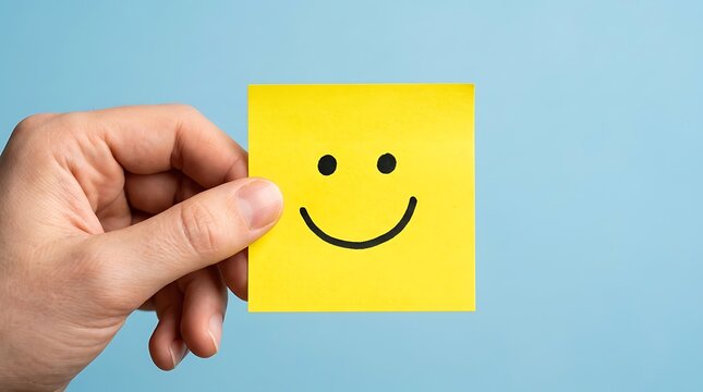 Hand holding bright yellow sticky note featuring hand drawn smiling face emoji on light blue background expression positive