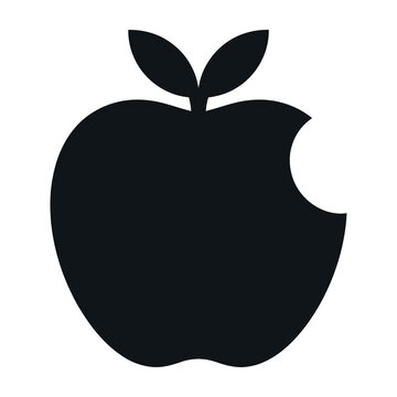 Black silhouette of an apple with a bite taken out on white background, simple fruit icon