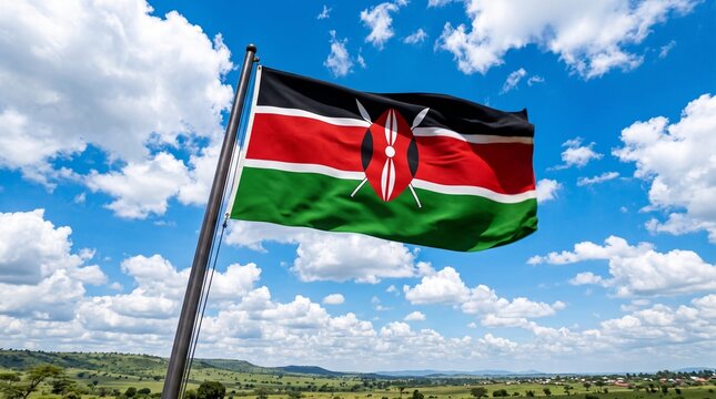 "Kenya national flag flying on flagpole against blue sky and hills, symbolizing pride, unity, and cultural identity."