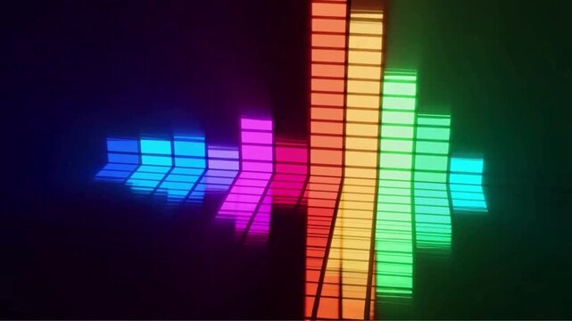 A close-up view of a digital music equalizer display shows brightly colored bars radiating against a deep black background.
