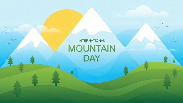 International Mountain Day Illustration with Snow-Capped Peaks, Green Hills, and Pine Trees, Vector Landscape