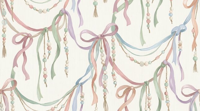 Repeatable hand-painted illustration featuring pastel ribbons and hanging bead strings on light canvas