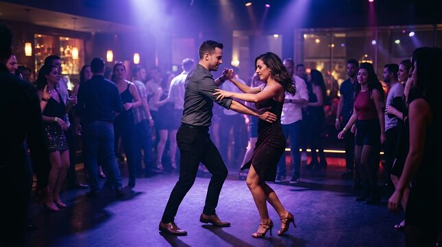 Two partners executing a synchronized routine inside a moody club filled with violet glow capturing active motion and fashionable attire at a gathering  couple dancing dimly lit venue purple