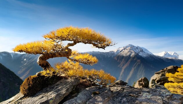 Golden Bonsai Tree On Rocky Outcrop With Metallic Mountain Backdrop