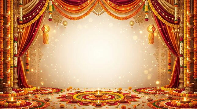 Festive Diwali stage with marigold garlands, silk curtains, and glowing oil lamps on colorful rangoli patterns, traditional Indian celebration background.