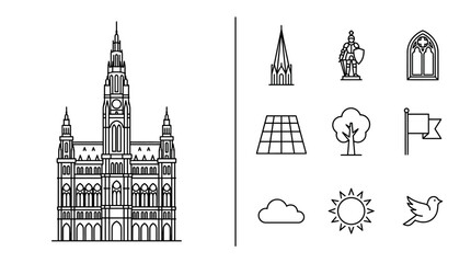 Obraz premium Vienna City Hall and Architectural Icon Set Line Art