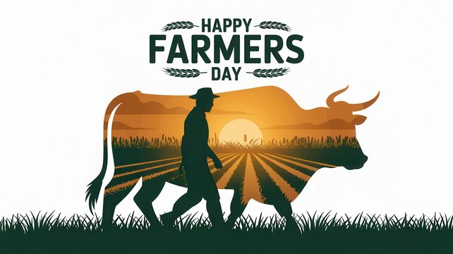 Happy Farmers Day greeting featuring a farmer and cow silhouette, isolated on white background.