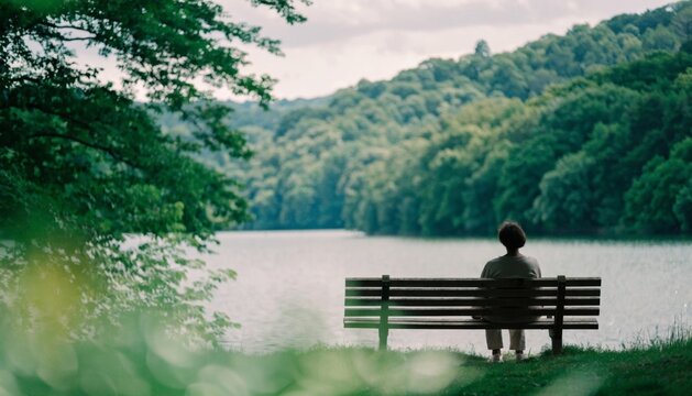 A solitary figure sits on a park bench gazing at a serene lake highlighting the importance of peaceful solitude and personal reflection for mental well being