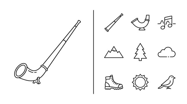Alpine Horn Musical Instrument and Outdoor Travel Icons