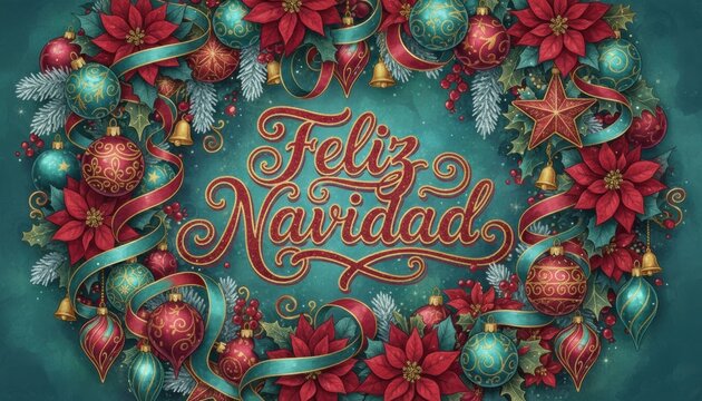A festive wreath with ornaments and poinsettias displays Feliz Navidad celebrating Christmas season in Spanish culture