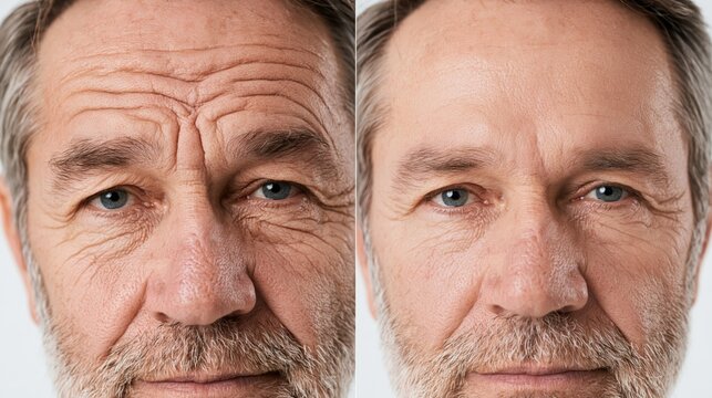 Split frame showing deep forehead lines on a man versus smooth skin. Concept of men's forehead line treatment.