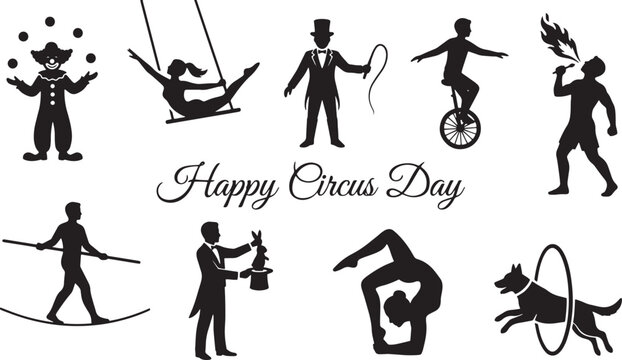 Vintage circus performer silhouettes set, black carnival artist icons for Happy Circus Day, professional circus show characters vector collection isolated on Transparent Background