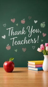 Thank You Teachers text on chalkboard with red apple, books and pink tulips on wooden desk, teacher appreciation day, classroom background.