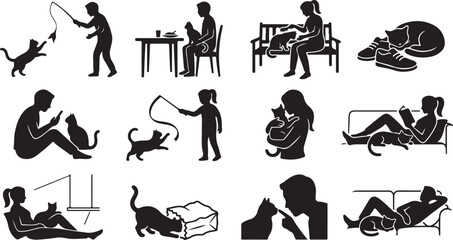 Obraz premium Assortment of black silhouette featuring people and their pet cats in various daily activities like playing, eating, and relaxing