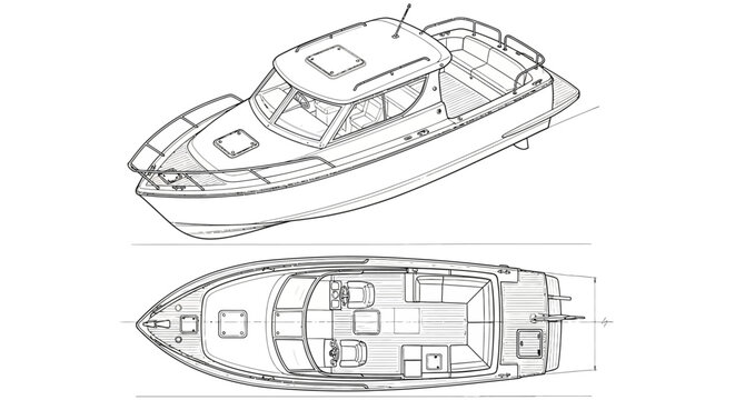 Technical motorboat blueprint vector, modern cabin cruiser line art illustration, isometric and top view yacht design schematics for marine engineering