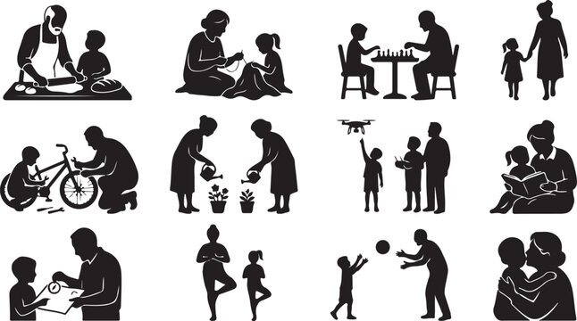 Assorted black silhouette depicting grandparents and grandchildren sharing moments through cooking, playing, learning, and outdoor fun