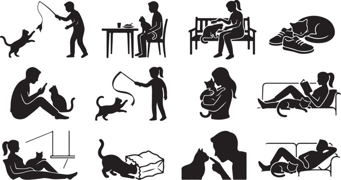 Assortment of black silhouette featuring people and their pet cats in various daily activities like playing, eating, and relaxing