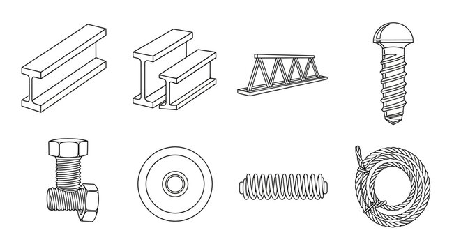 Industrial construction hardware icons, set of 8 steel engineering components, metal girders and mechanical fasteners, technical line art vector