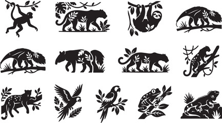 Naklejka premium Black and white jungle animal silhouettes including monkeys, leopards, sloths, anteaters, parrots, frogs, and lizards on white background