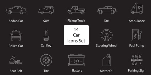 Car and Automotive Icon Set. Editable outline vector collection featuring vehicle service, maintenance, navigation, parking, fuel pump, battery, steering wheel, and auto accessories. © Agastya 897