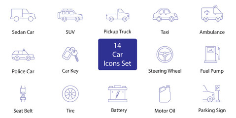 Modern outline vector icon set featuring cars, vehicle maintenance, auto services, and essential automotive accessories. Ideal for web, mobile apps, UI, dashboards, and transportation-related projects © Agastya 897