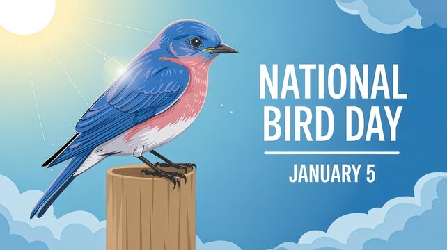 National Bird Day illustration with a bluebird on a post in a sunny sky, January 5 event.