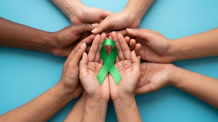 Fototapeta premium Top view of diverse group of people holding hands around a bright green awareness ribbon for global health awareness