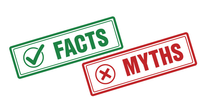 Facts and myths rubber stamp icons, green checkmark for truth and red cross for fiction, vector labels for debunking misinformation