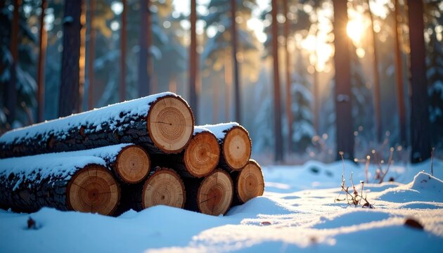 Stacked wooden logs covered in fresh white snow during a bright winter sunset in a dense evergreen forest clearing