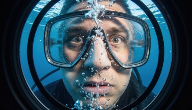 Close up view of male diver looking through glass mask underwater with rising bubbles and clear blue ocean water