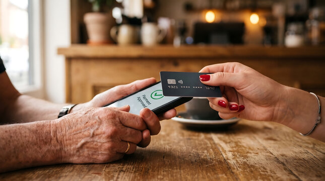 Senior technology enables easy contactless credit card payment at a local coffee shop counter